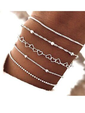Bracelet 5pc Set Silver Heart Beads Chain Stylish Y2k Delicate Trendy Layered